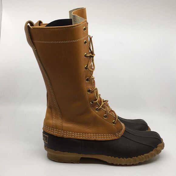 L.L. Bean Duck Boots Men’s 7M Brown Tan Leather 10 Eye 12”Lace Up USA Waterproof - Picture 1 of 16